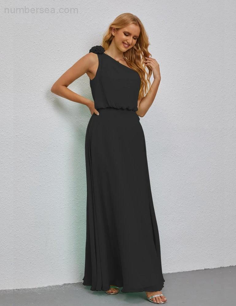 Ruffled One Shoulder Sleeveless Long Bridesmaid Dresses A-line Formal Evening Gown Side Split 28080 by numbersea