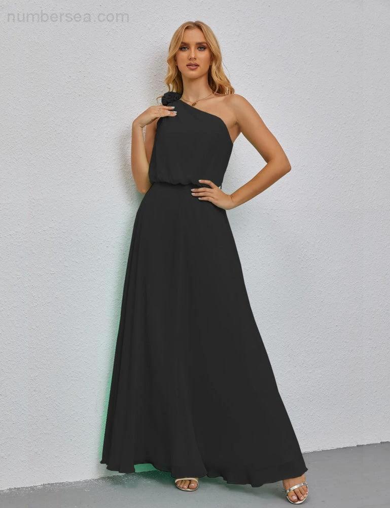 Ruffled One Shoulder Sleeveless Long Bridesmaid Dresses A-line Formal Evening Gown Side Split 28080 by numbersea