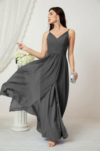 Numbersea Chiffon V-Neck Bridesmaid Dress Spaghetti Strap Long Formal Party Prom Gowns with Slit 28010