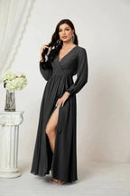 Sunnderly Evening Dresses Deep V-Neck Chiffon Bridesmaid Dresses Long Bishop Sleeve Side Split Formal Dress SY2806 by numbersea