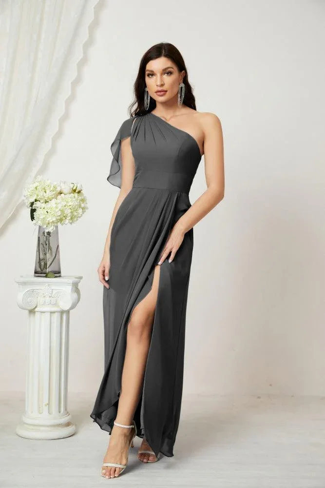 Numbersea Robe longue de demoiselle d'honneur en mousseline à volants, une épaule, coupe en A, robe de soirée formelle avec fente latérale 2809