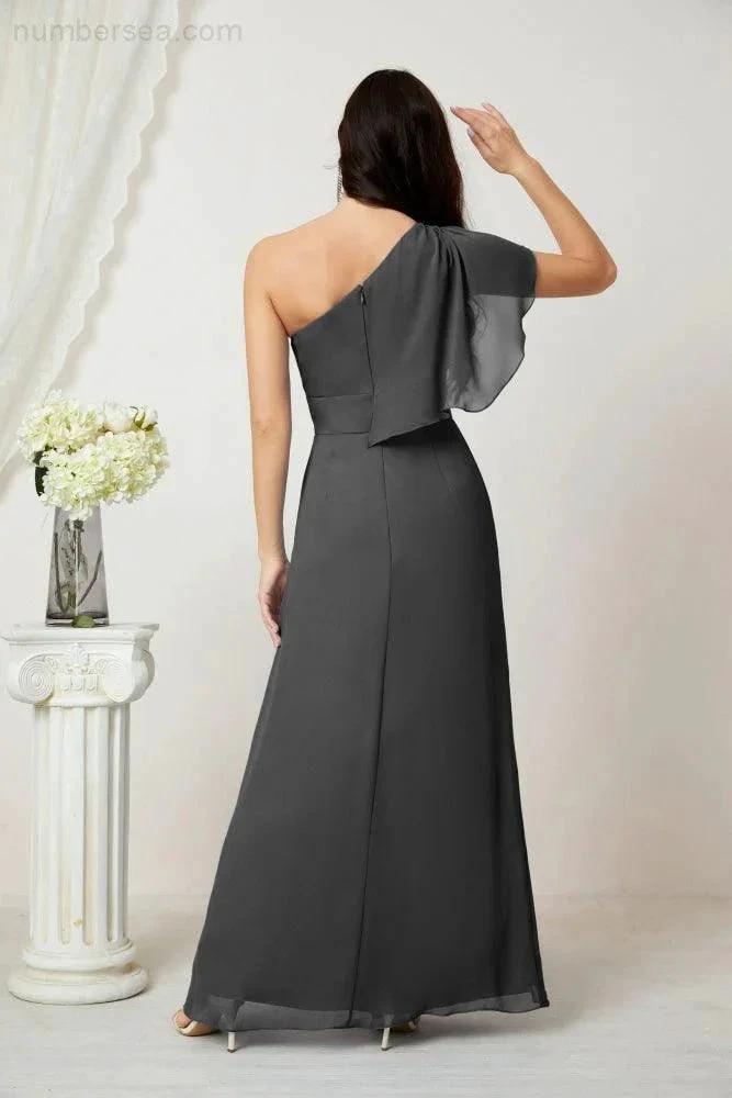 Numbersea Chiffon Ruffled One Shoulder Long Bridesmaid Dresses A-line Formal Evening Gown Side Split 2809 by numbersea