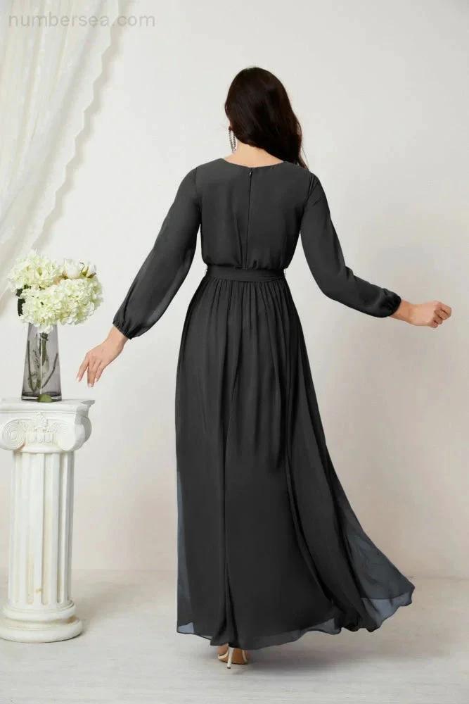 Sunnderly Evening Dresses Deep V-Neck Chiffon Bridesmaid Dresses Long Bishop Sleeve Side Split Formal Dress SY2806 by numbersea