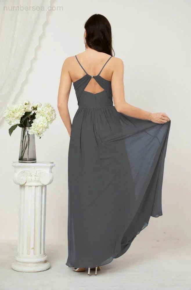 Numbersea Neck Bridesmaid Dresses Chiffon Long Spaghetti A-line Formal Prom Gown for Wedding Party Evening 2801 by numbersea