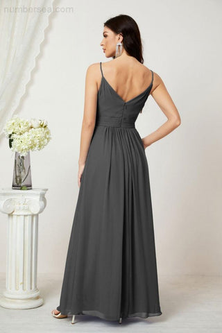 Numbersea Chiffon V-Neck Bridesmaid Dress Spaghetti Strap Long Formal Party Prom Gowns with Slit 28010