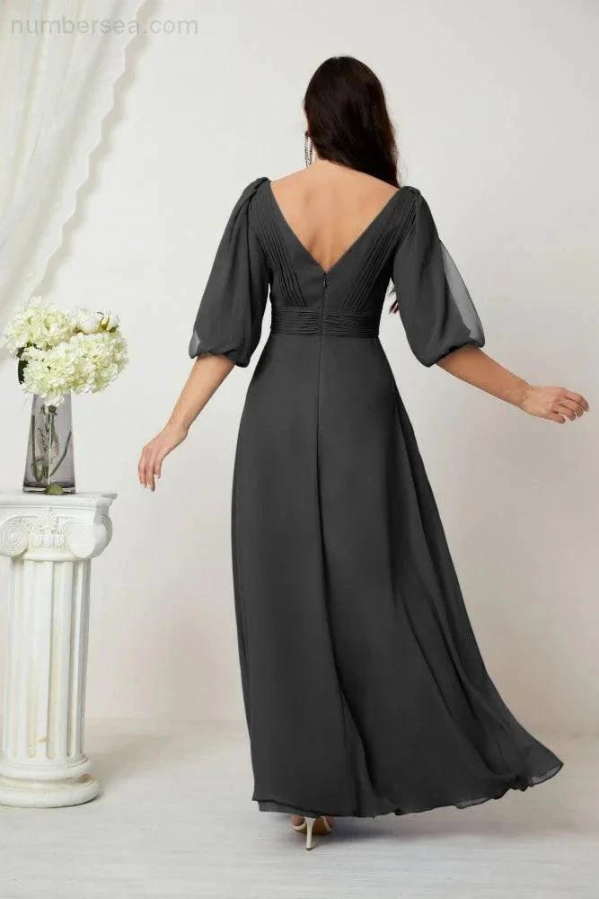 Numbersea Formal Prom Gown Women V-Neck Chiffon Bridesmaid Dresses Long Bishop Sleeve Party Dress 2807 by numbersea