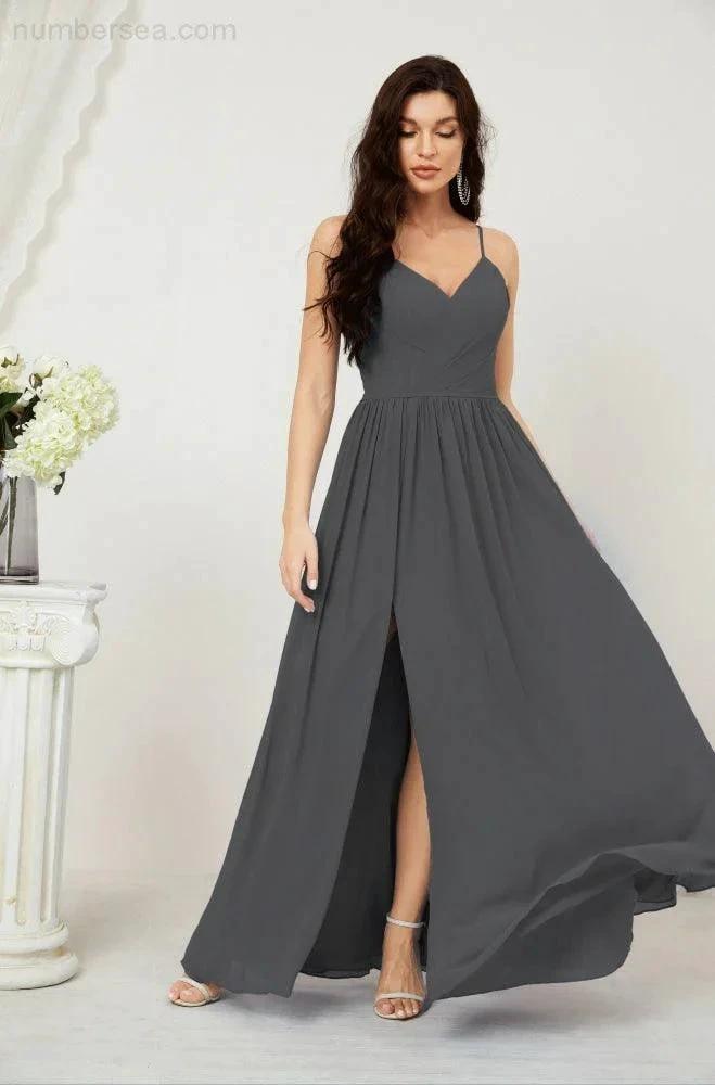 Numbersea Neck Bridesmaid Dresses Chiffon Long Spaghetti A-line Formal Prom Gown for Wedding Party Evening 2801 by numbersea