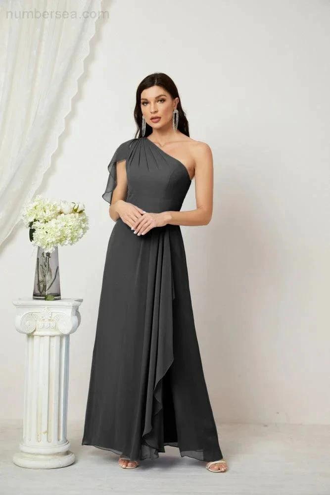 Numbersea Chiffon Ruffled One Shoulder Long Bridesmaid Dresses A-line Formal Evening Gown Side Split 2809 by numbersea