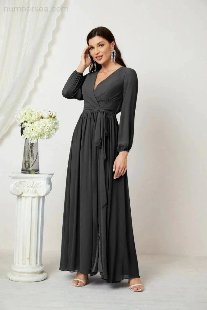 Sunnderly Evening Dresses Deep V-Neck Chiffon Bridesmaid Dresses Long Bishop Sleeve Side Split Formal Dress SY2806 by numbersea