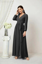 Sunnderly Evening Dresses Deep V-Neck Chiffon Bridesmaid Dresses Long Bishop Sleeve Side Split Formal Dress SY2806 by numbersea