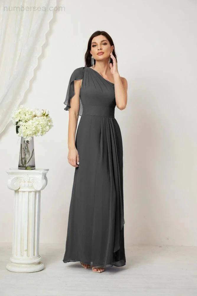 Numbersea Chiffon Ruffled One Shoulder Long Bridesmaid Dresses A-line Formal Evening Gown Side Split 2809 by numbersea
