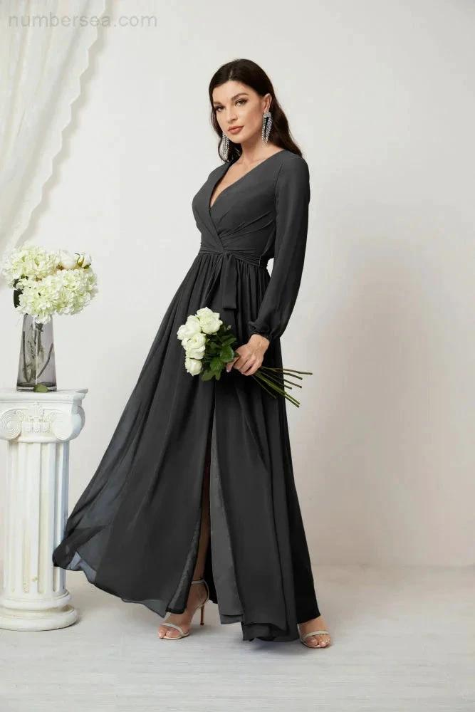 Sunnderly Evening Dresses Deep V-Neck Chiffon Bridesmaid Dresses Long Bishop Sleeve Side Split Formal Dress SY2806 by numbersea