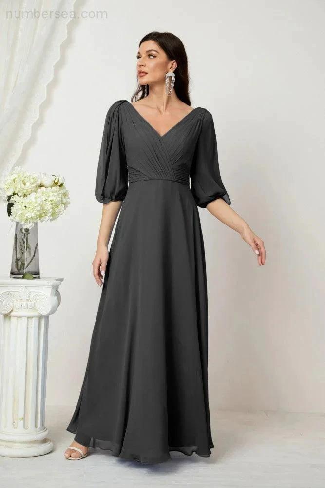 Numbersea Formal Prom Gown Women V-Neck Chiffon Bridesmaid Dresses Long Bishop Sleeve Party Dress 2807 by numbersea