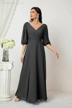 Numbersea Formal Prom Gown Women V-Neck Chiffon Bridesmaid Dresses Long Bishop Sleeve Party Dress 2807 by numbersea