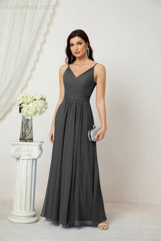 Numbersea Chiffon V-Neck Bridesmaid Dress Spaghetti Strap Long Formal Party Prom Gowns with Slit 28010