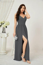 Numbersea Neck Bridesmaid Dresses Chiffon Long Spaghetti A-line Formal Prom Gown for Wedding Party Evening 2801 by numbersea