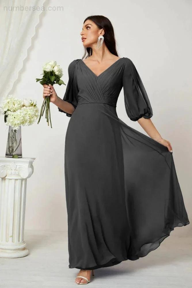 Numbersea Formal Prom Gown Women V-Neck Chiffon Bridesmaid Dresses Long Bishop Sleeve Party Dress 2807 by numbersea
