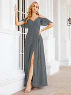 Numbersea Cold Shoulder Long Bridesmaid Dresses Side Slit Formal Prom Gowns Party Wedding 28070 by numbersea