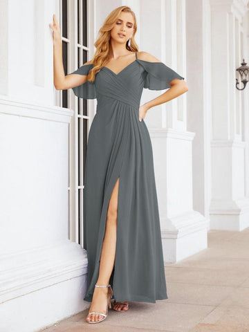Numbersea Cold Shoulder Long Bridesmaid Dresses Side Slit Formal Prom Gowns Party Wedding 28070