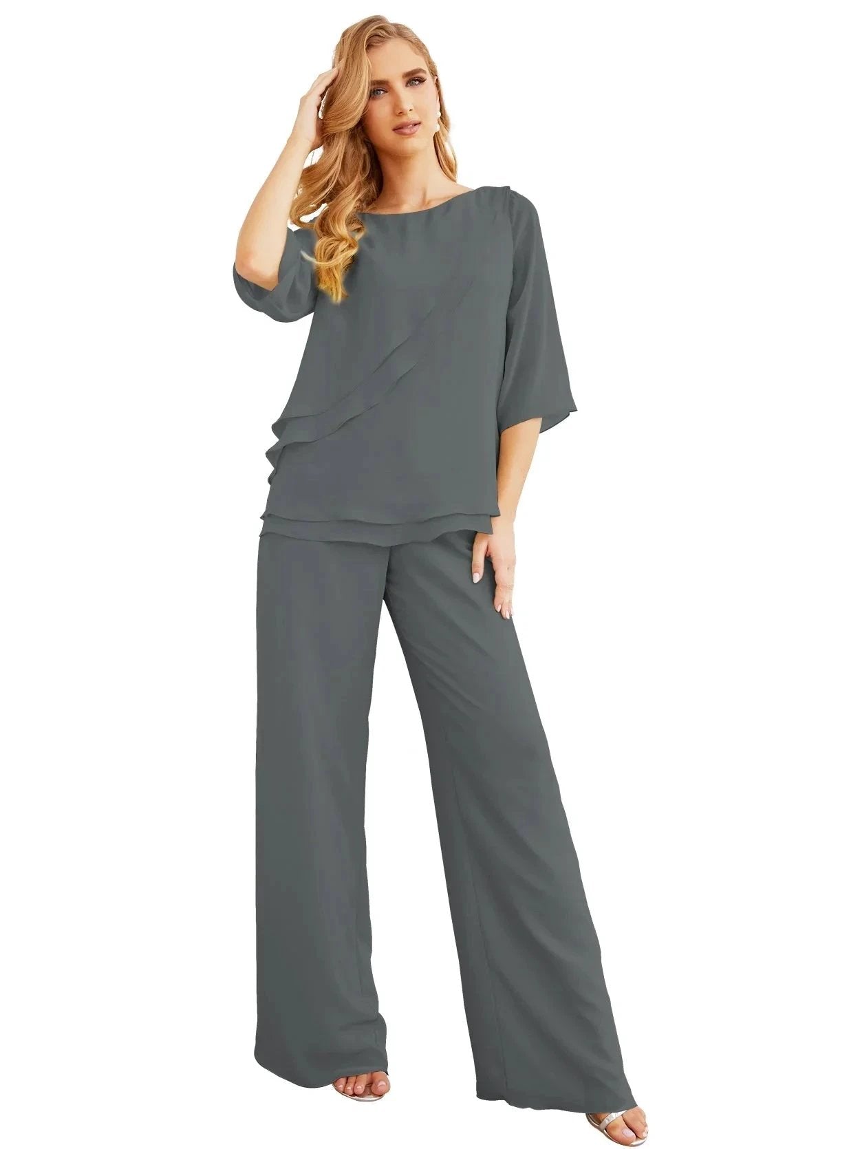 Sunnderly Elegant 2 Piece Mother of The Bride Dress Plus Size Pant Suits Ruffle Layers Sliver Housecoat SY28064 by numbersea