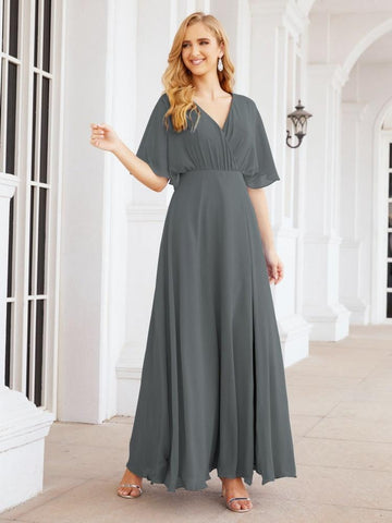 Numbersea V-Neck Bridesmaid Dress Chiffon Long Open Back Formal Dresses for Women Party Evening 28067