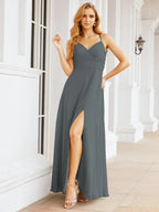 Vestidos de Damas de Honra Numbersea com Alças Duplas de Espaguete para Mulher Vestido Longo Formal para Festa com Fenda Lateral 28051