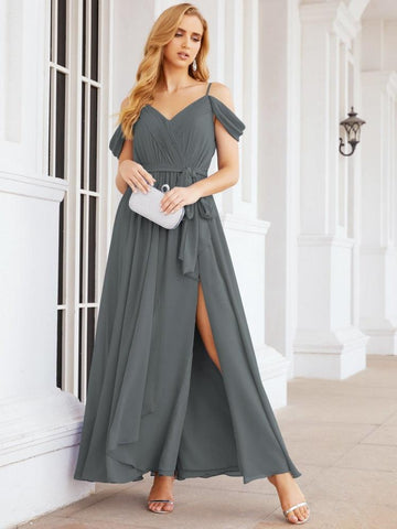 Numbersea Off The Shoulder Chiffon Bridesmaid Dress Long Formal Graduation Gown with Cowl Back 28069