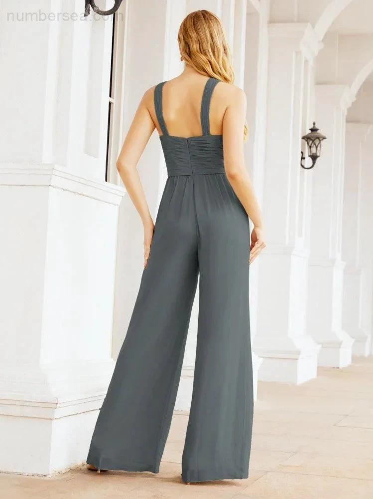 Numbersea Crisscross Neck Jumpsuit Formal Evening Dress Long Bridesmaid Dresses Bell-bottomed Pants 28033 by numbersea