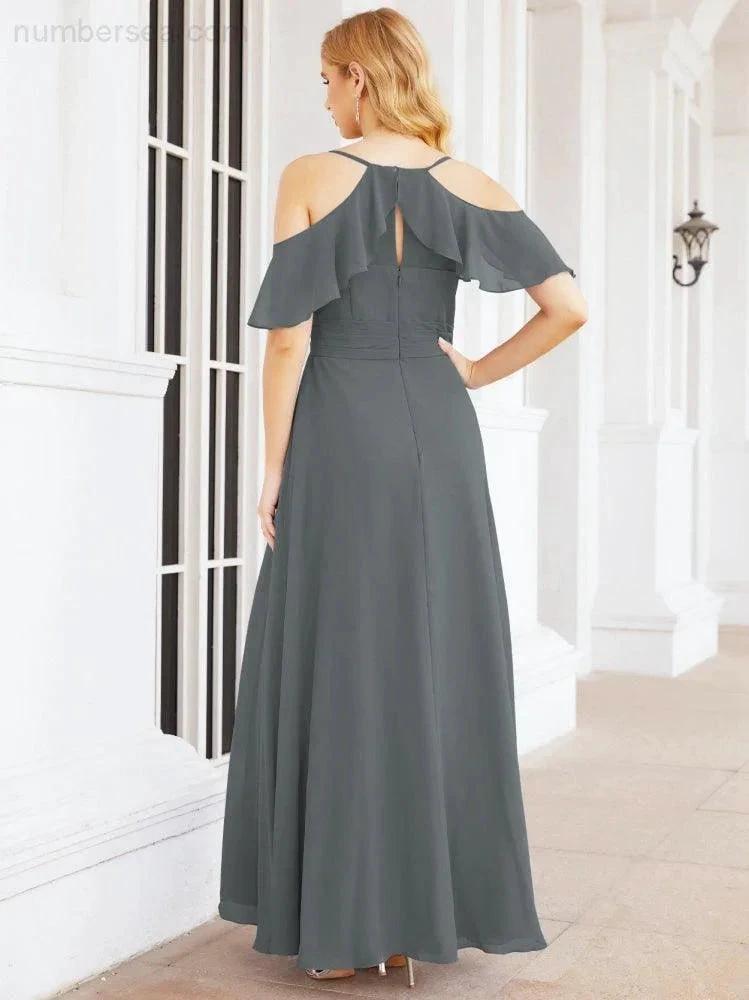 Numbersea Cold Shoulder Long Bridesmaid Dresses Side Slit Formal Prom Gowns Party Wedding 28070 by numbersea