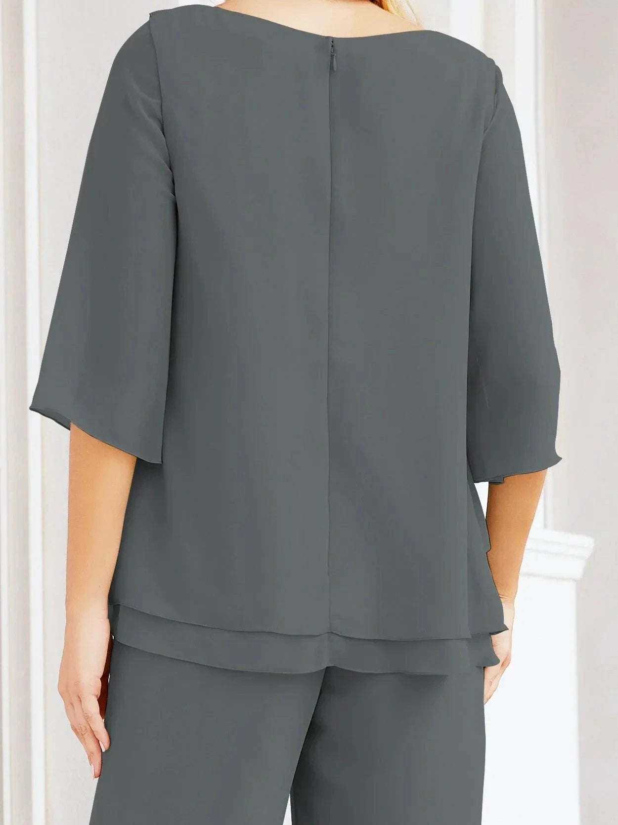 Sunnderly Elegant 2 Piece Mother of The Bride Dress Plus Size Pant Suits Ruffle Layers Sliver Housecoat SY28064 by numbersea