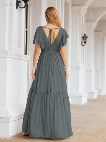 Numbersea Women's Open Back Formal Evening Party Prom Gowns V-Neck Long Chiffon Bridesmaid Dresses with Waist Belt 28038