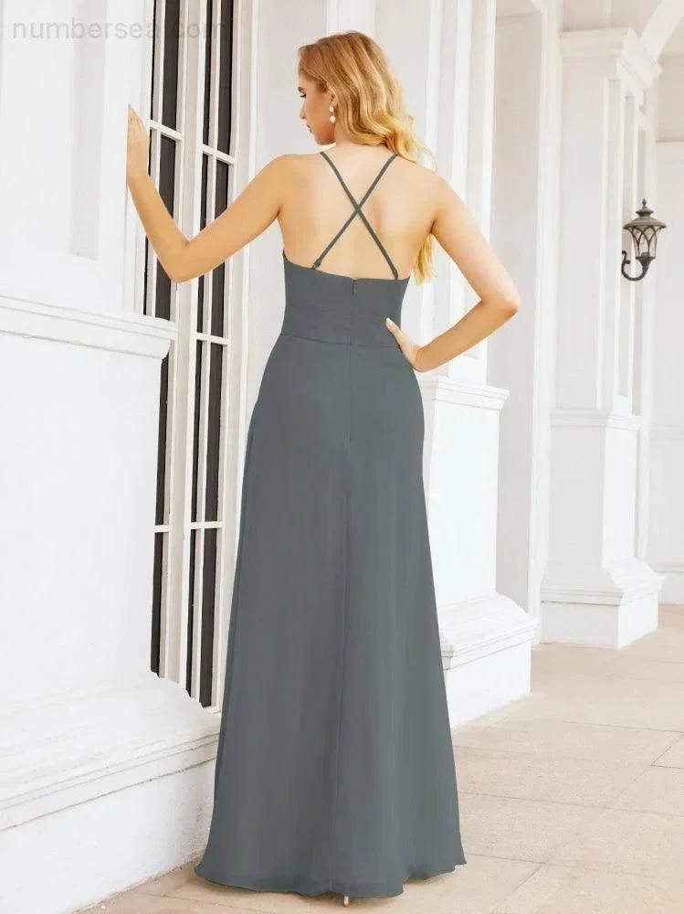 Numbersea Halter Bridesmaid Dresses with Pockets Sleeveless Formal Evening Party Prom Gowns 28055 by numbersea