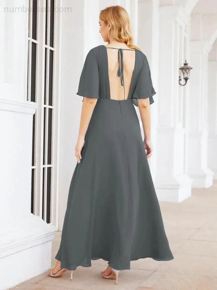 Numbersea V-Neck Bridesmaid Dress Chiffon Long Open Back Formal Dresses for Women Party Evening 28067 by numbersea