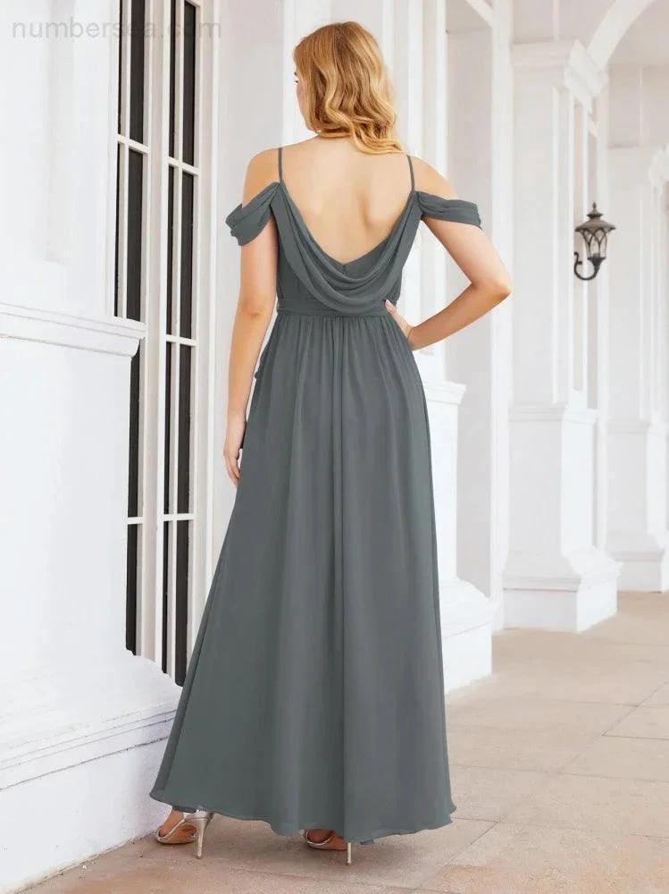 Numbersea Off The Shoulder Chiffon Bridesmaid Dress Long Formal Graduation Gown with Cowl Back 28069 by numbersea