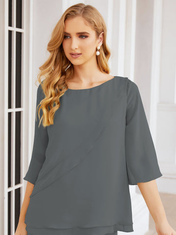 Sunnderly Elegant 2 Piece Mother of The Bride Dress Plus Size Pant Suits Ruffle Layers Sliver Housecoat SY28064