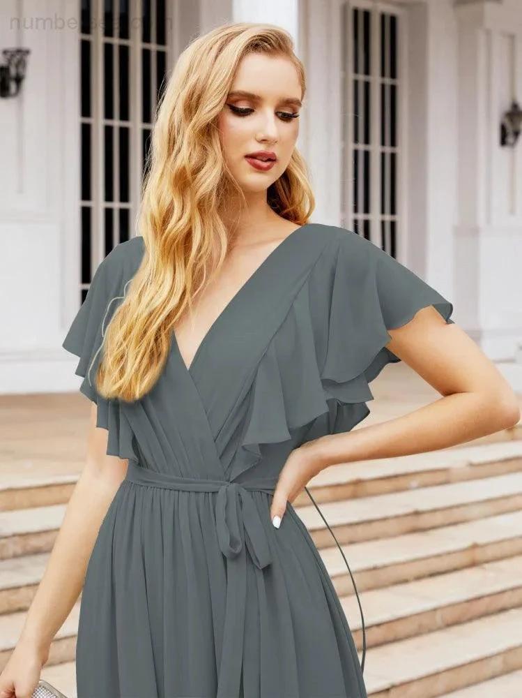 Numbersea Women's Open Back Formal Evening Party Prom Gowns V-Neck Long Chiffon Bridesmaid Dresses with Waist Belt 28038 by numbersea
