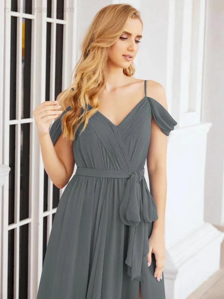 Numbersea Off The Shoulder Chiffon Bridesmaid Dress Long Formal Graduation Gown with Cowl Back 28069 by numbersea