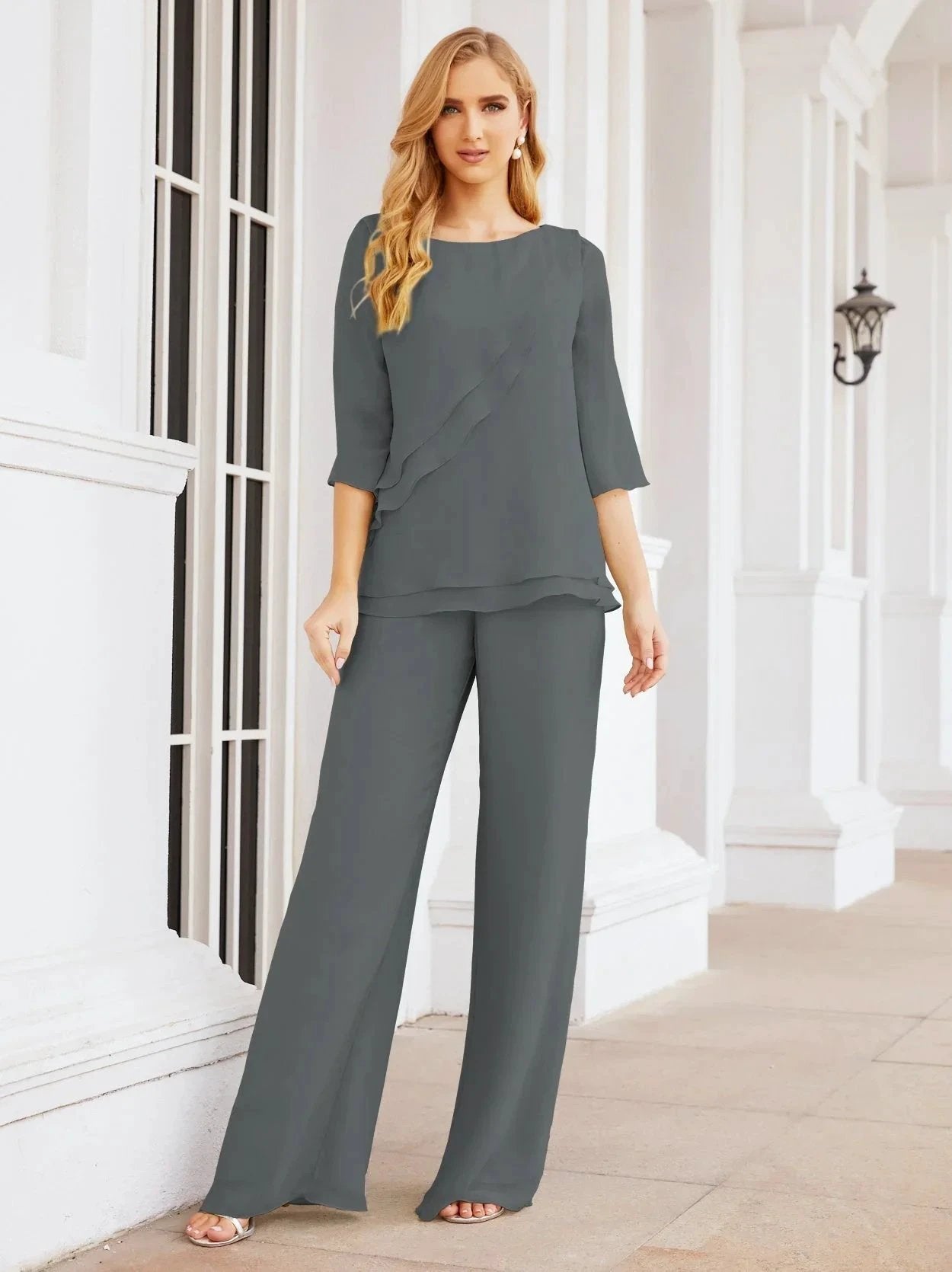 Sunnderly Elegant 2 Piece Mother of The Bride Dress Plus Size Pant Suits Ruffle Layers Sliver Housecoat SY28064 by numbersea