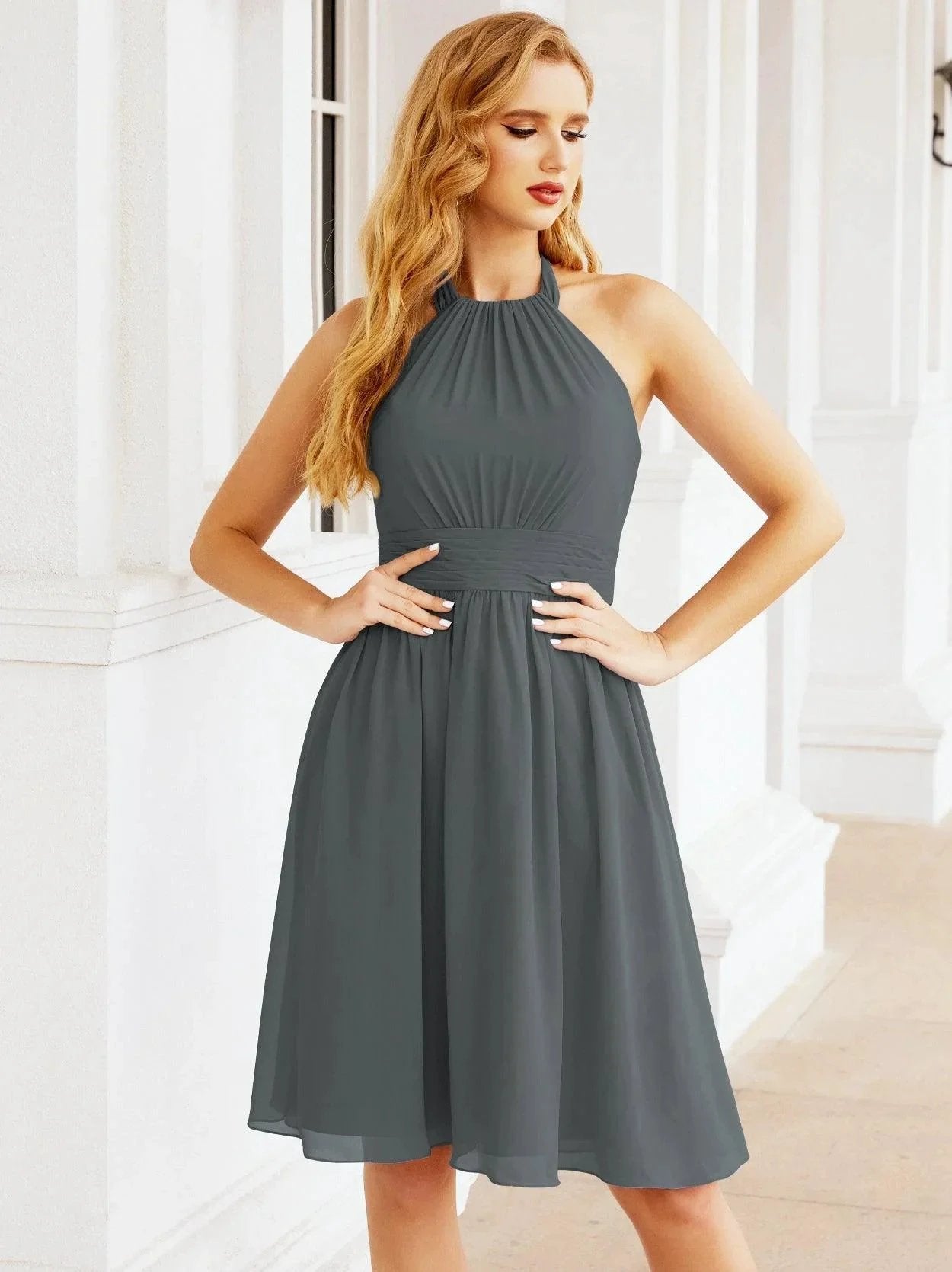 Numbersea Halter Chiffon Bridesmaid Dresses Short Sleeveless Formal Party Dress Open Back 28023 by numbersea