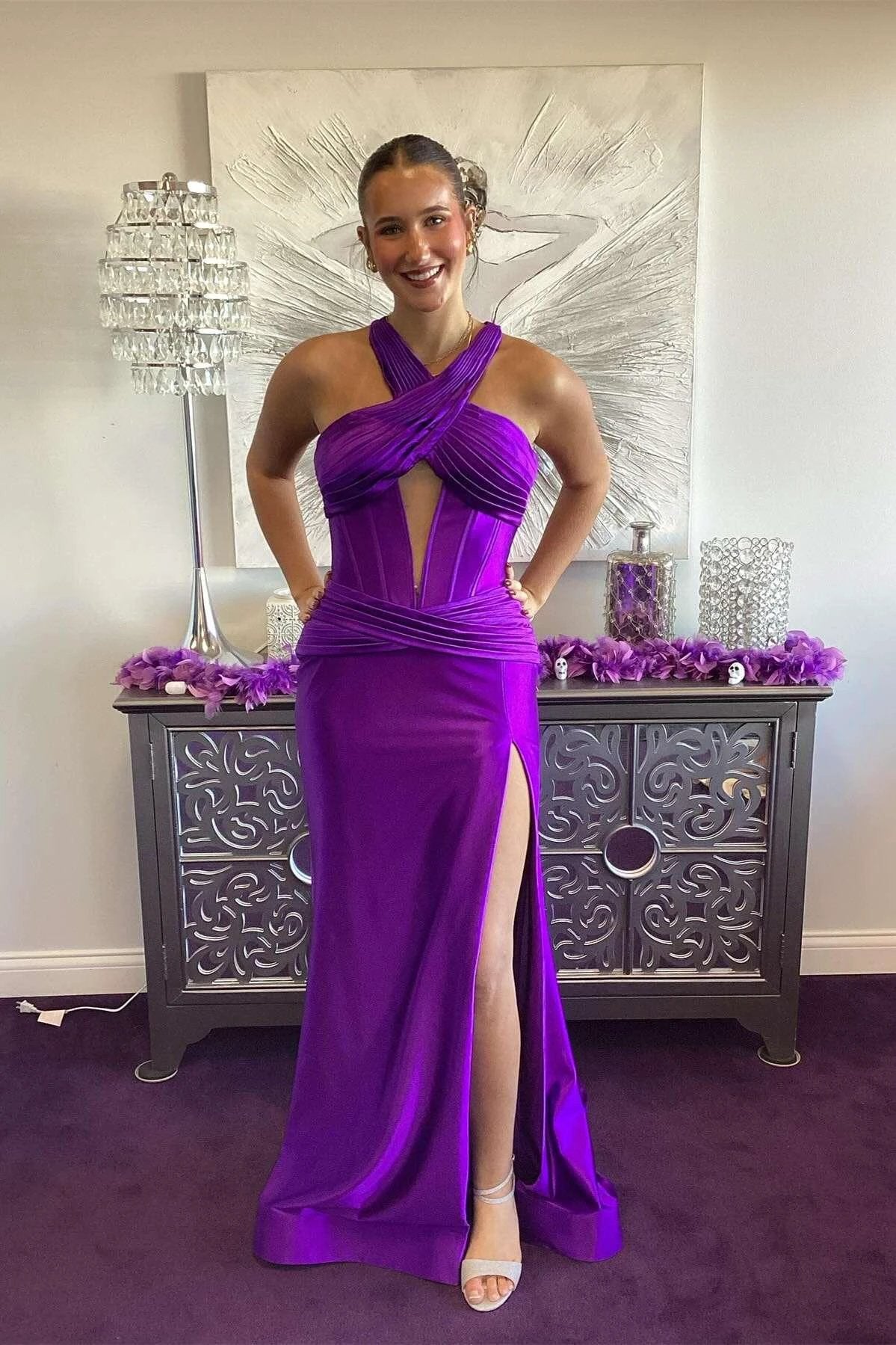 Veda | Green Satin Mermaid Slit Prom Dress with Criss Cross Neck by KissProm