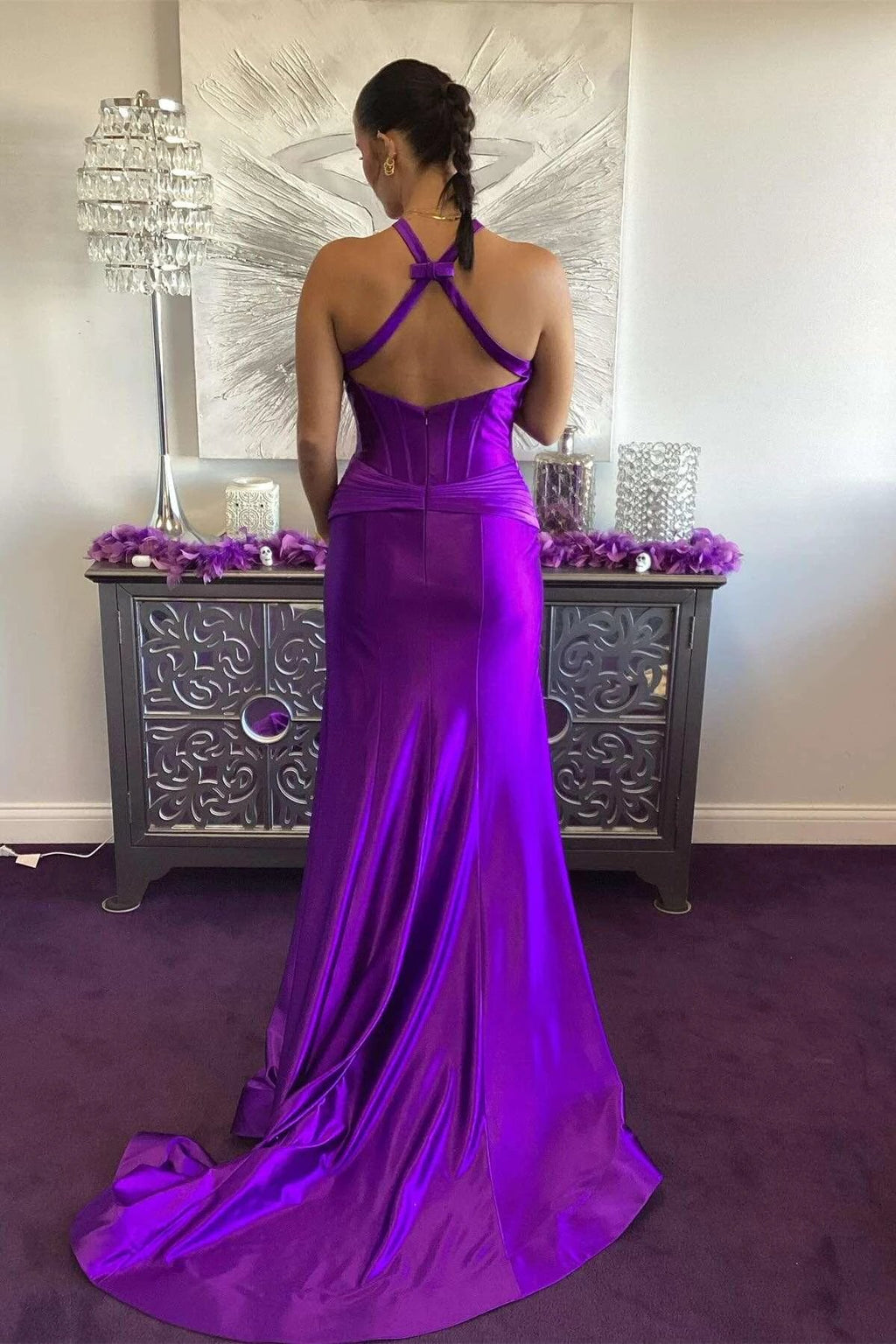 Veda | Green Satin Mermaid Slit Prom Dress with Criss Cross Neck by KissProm