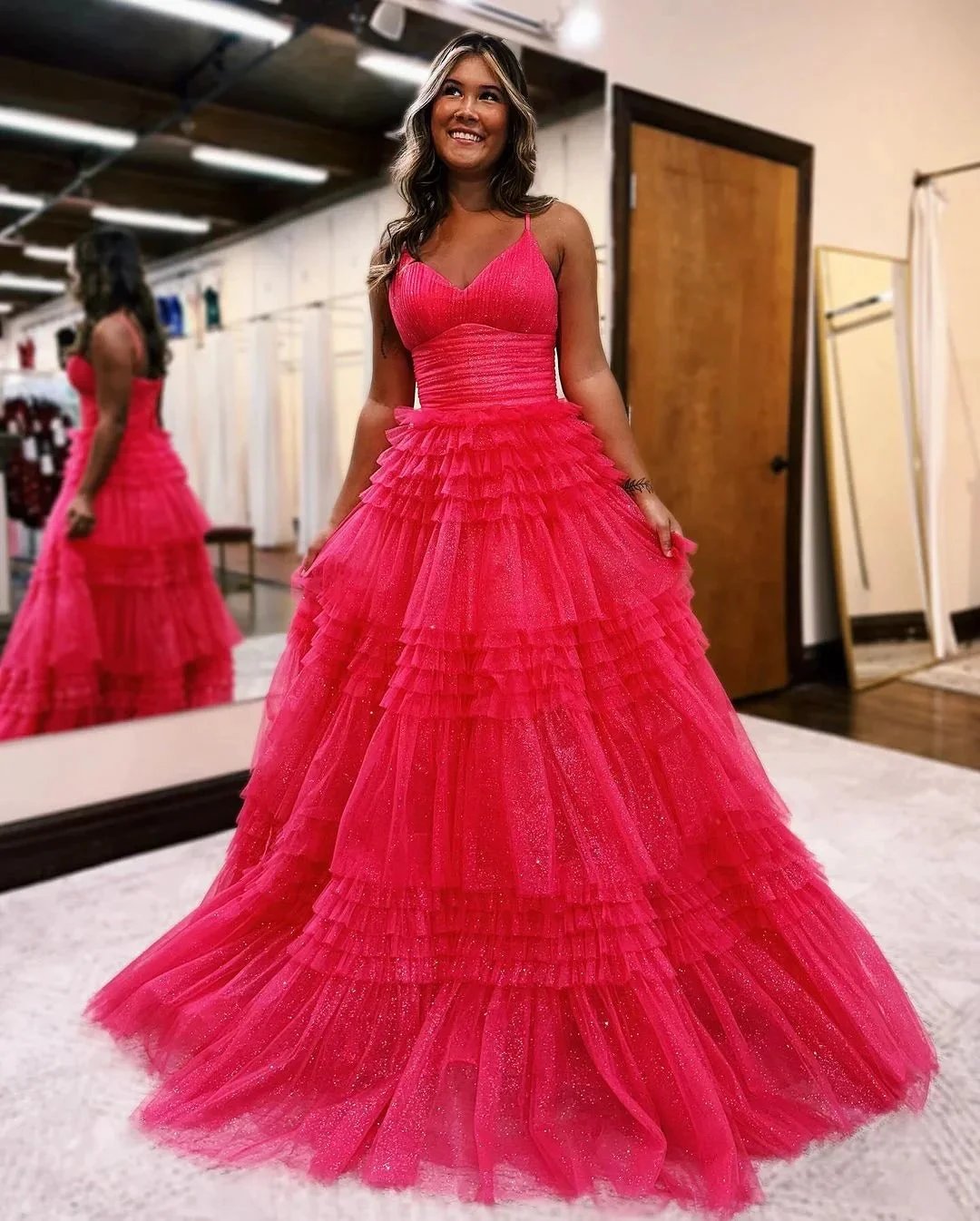 Emerson |A-Line Deep V Neck Tiered Long Glitter Tulle Prom Dress by KissProm