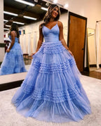 Emerson |A-Line Deep V Neck Tiered Long Glitter Tulle Prom Dress by KissProm