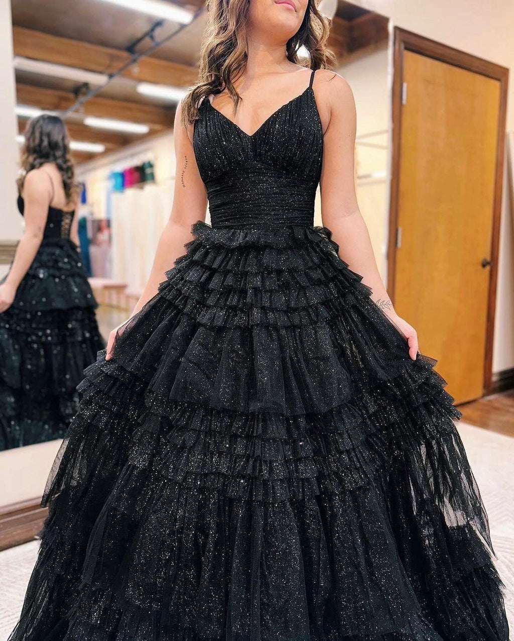 Emerson |A-Line Deep V Neck Tiered Long Glitter Tulle Prom Dress by KissProm