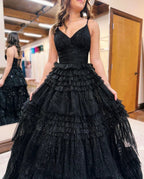 Emerson |A-Line Deep V Neck Tiered Long Glitter Tulle Prom Dress by KissProm