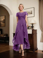 A-line Scoop Illusion Asymmetrical Chiffon Lace Mother of the Bride Dress With Bow Ruffle Sequins by Dreamylily
