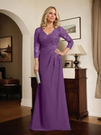 Sheath/Column V-Neck Illusion Floor-Length Lace Chiffon Mother of the Bride Dress With Pleated Sequins by Dreamylily