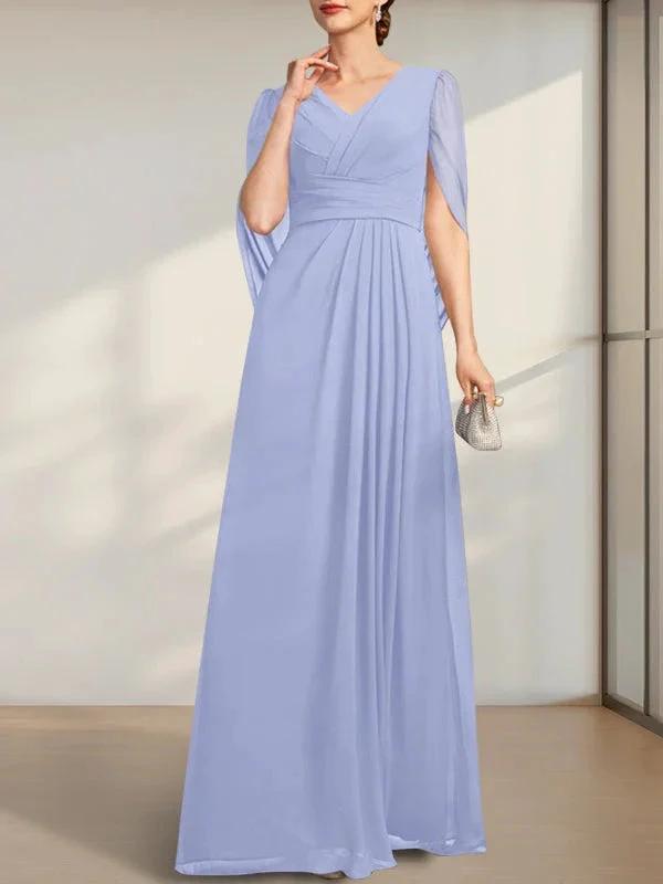 A-line V-Neck Floor-Length Chiffon Mother of the Bride Dress With Pleated by Dreamylily