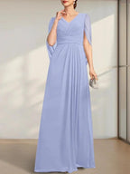 A-line V-Neck Floor-Length Chiffon Mother of the Bride Dress With Pleated by Dreamylily