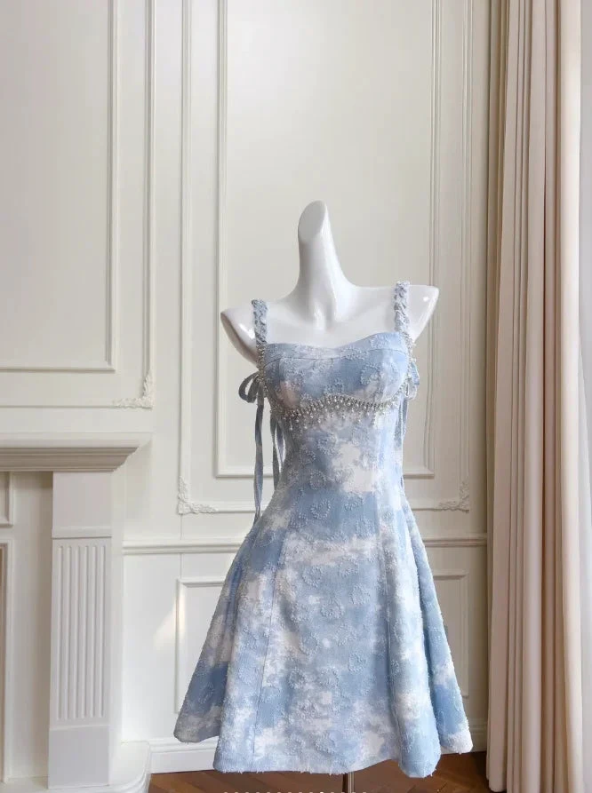 Glamorous Blue Satin Beaded Mini Prom Dress A Line Homecoming Dress Y8572 by simplepromdress